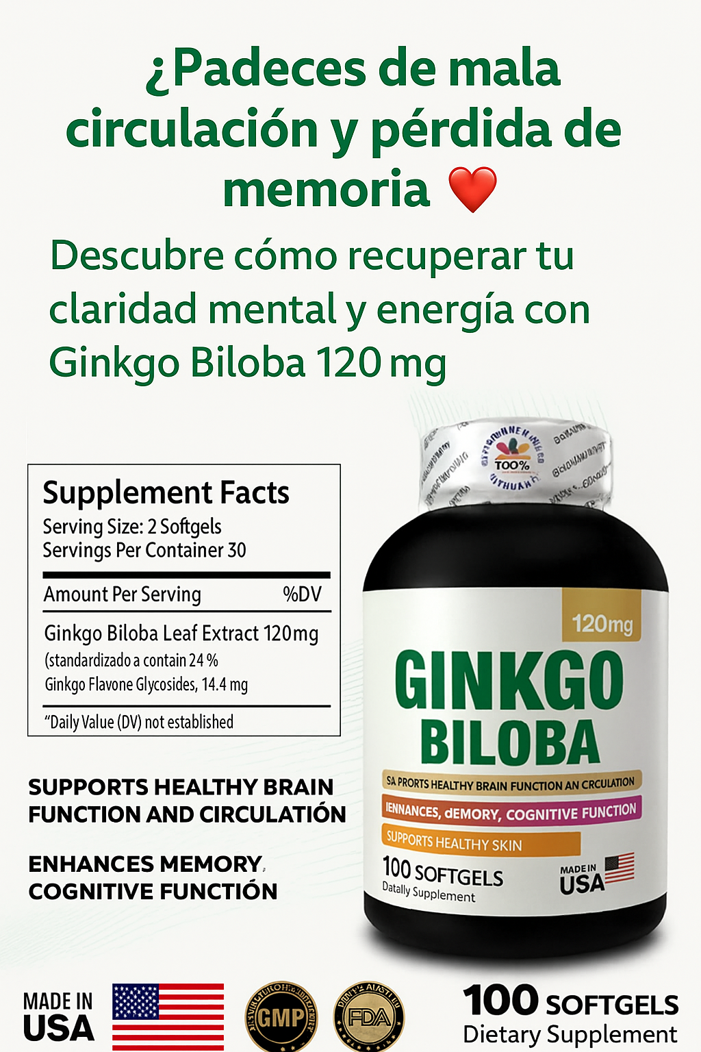 Ginkgo Biloba X 100 Capsulas Mejor circulación + Concentración Mental