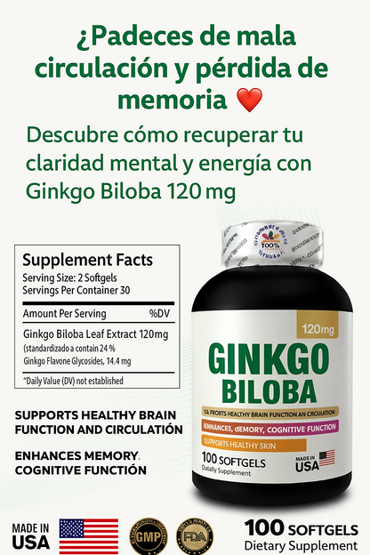 Ginkgo Biloba X 100 Capsulas Mejor circulación + Concentración Mental
